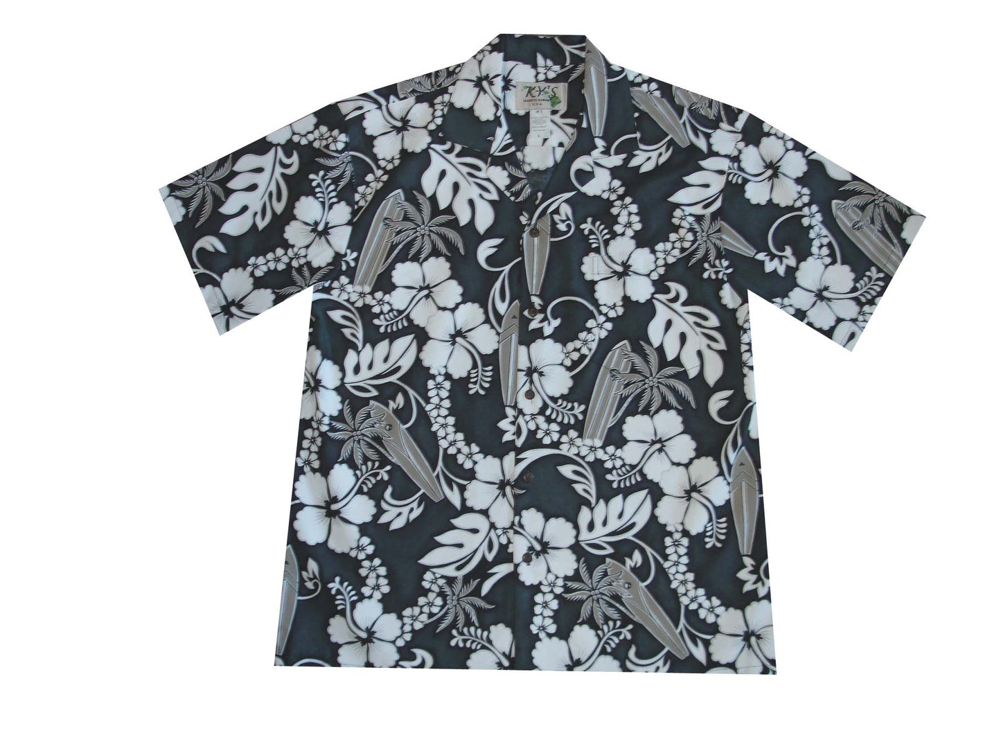 Cotton Hawaiian Shirt Lei Hibiscus -Gray
