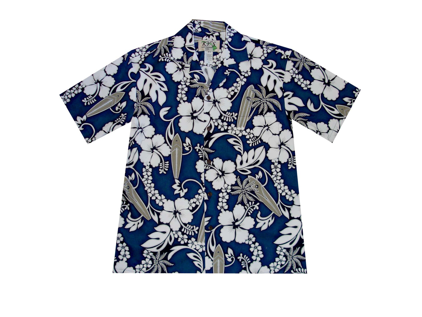 Cotton Hawaiian Shirt Lei Hibiscus -Navy
