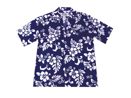 Cotton Hawaiian Shirt Original Hibiscus -Navy
