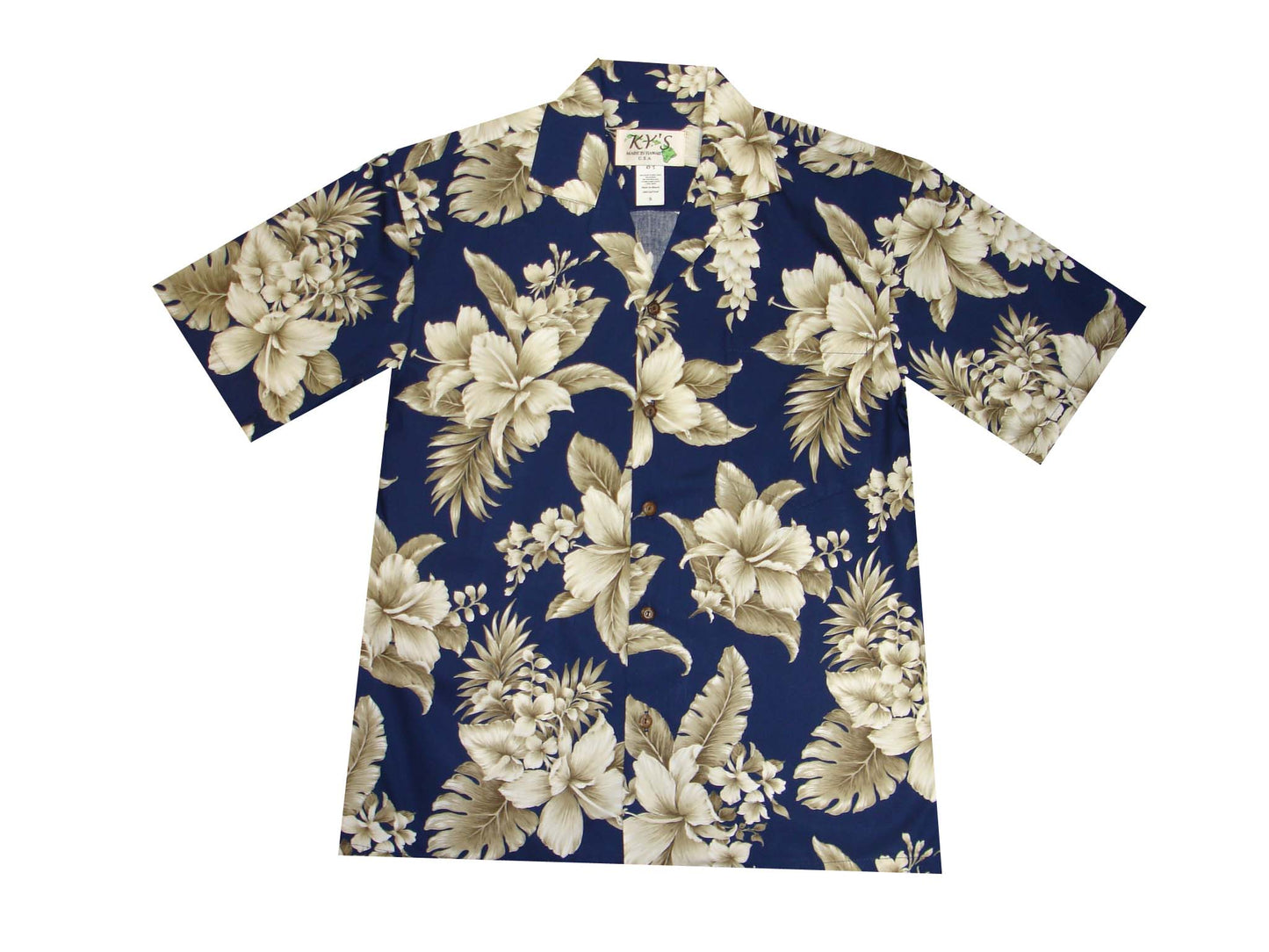 Cotton Hawaiian Shirt Tropical Flowers -Navy
