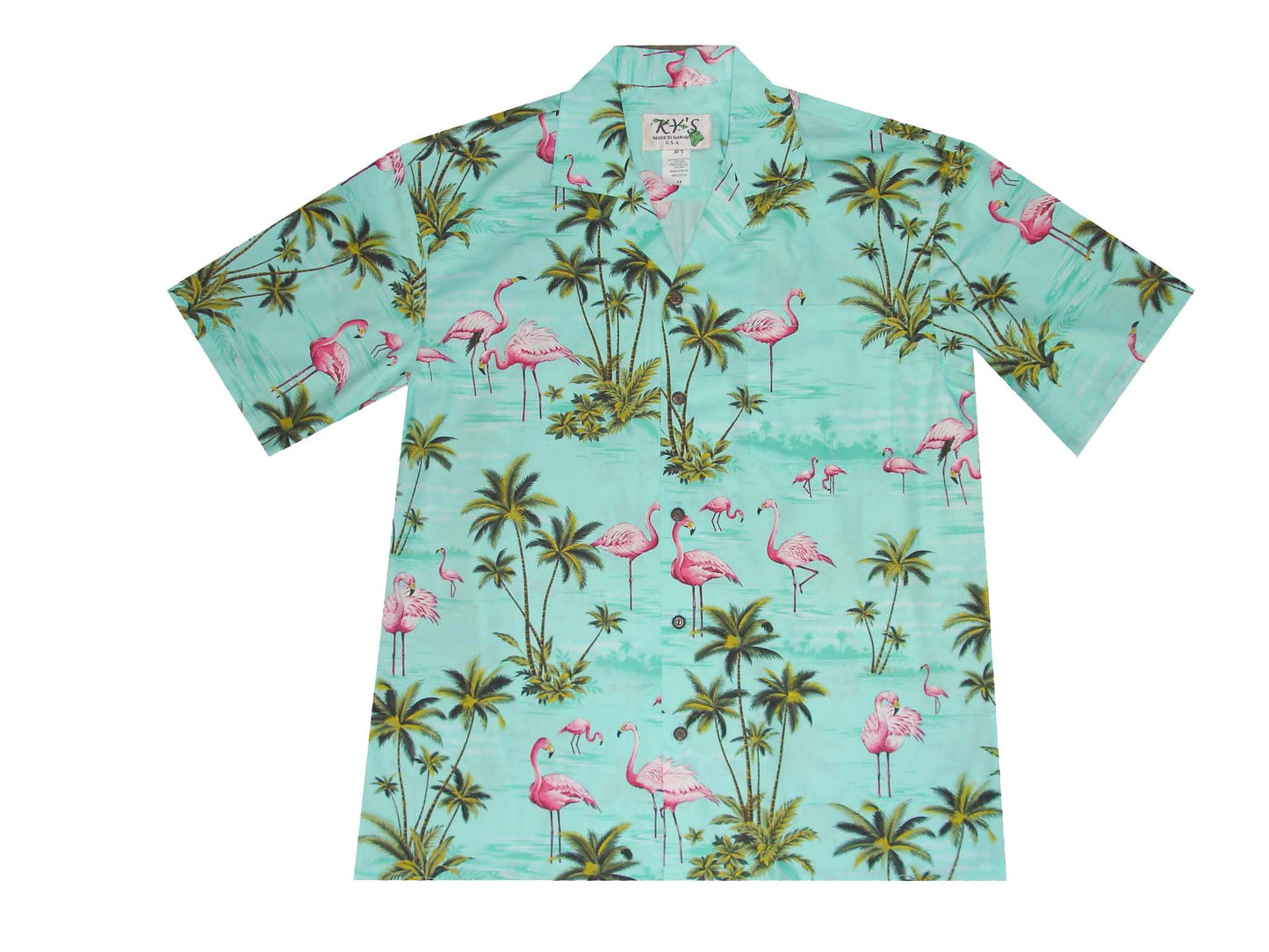 Cotton Hawaiian Shirt Pink Flamingo -Green