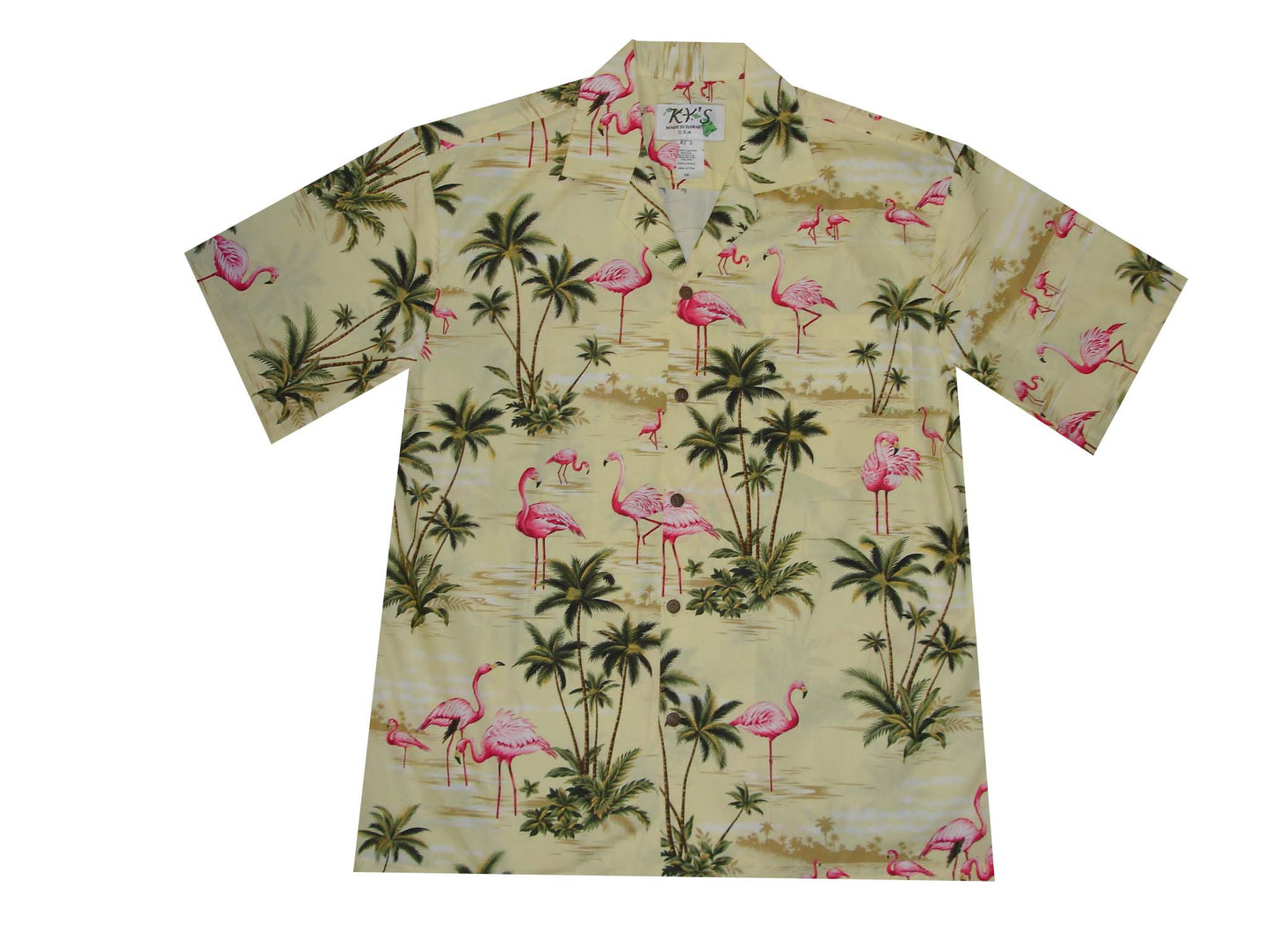 Cotton Hawaiian Shirt Pink Flamingo -Yellow