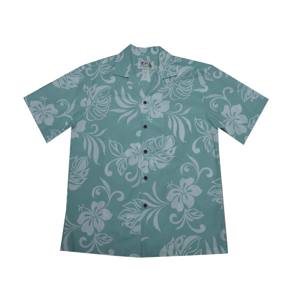 Ky`s Hawaiian Cotton Shirt Classic Hibiscus -Green