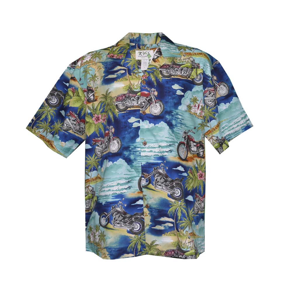 authentic hawaiian cotton shirt with motorcycle scene