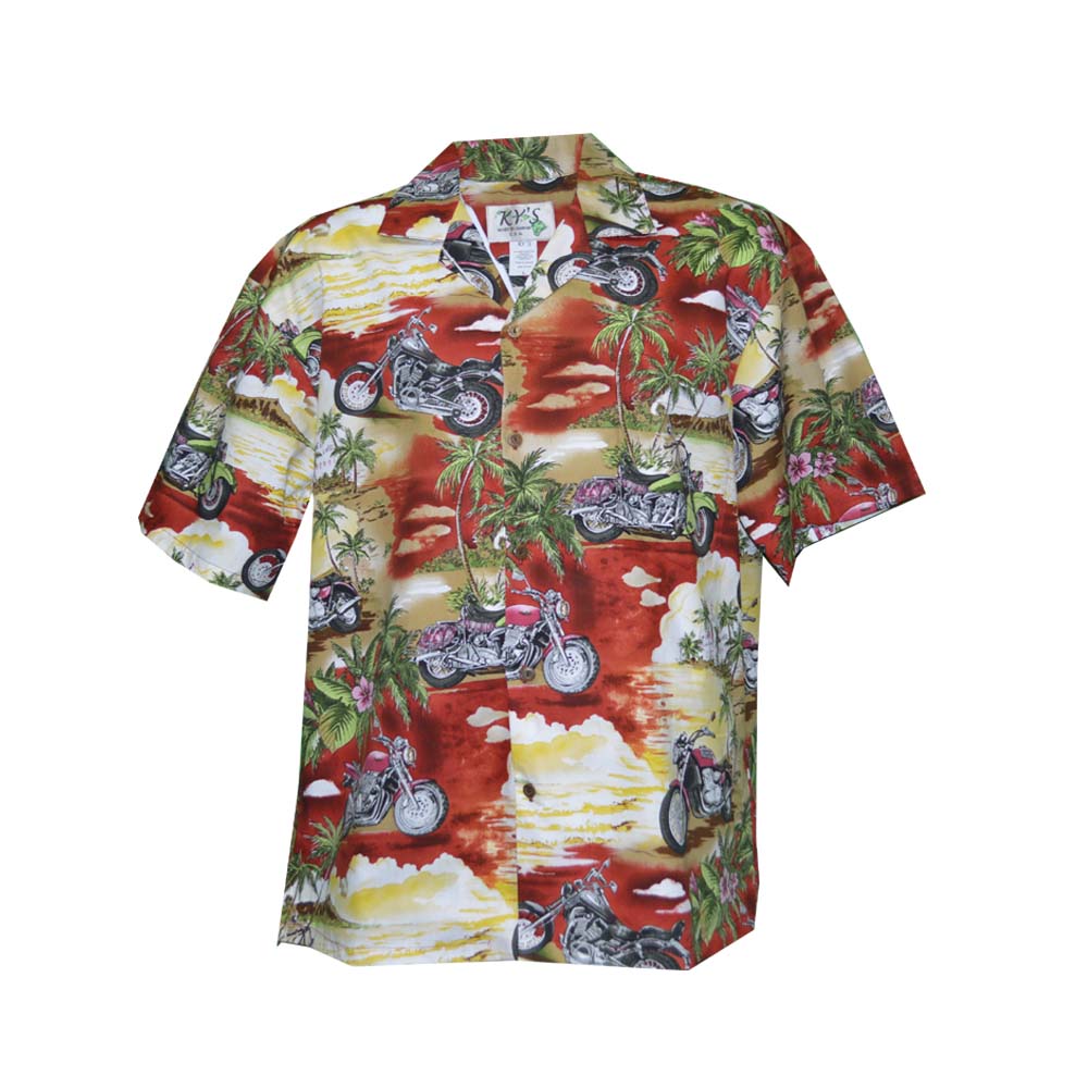 red hawaiian cotton shirt with motorcycle scene them 