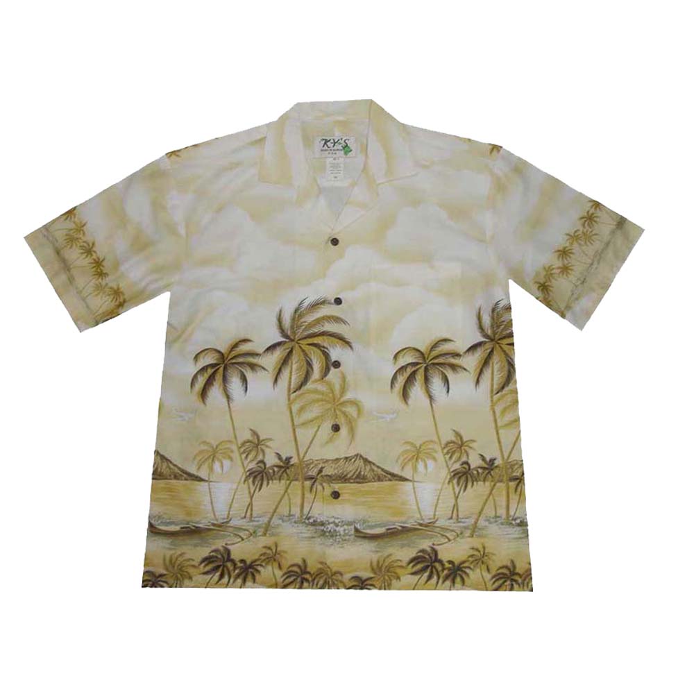 Ky's Hawaiian Cotton Shirt Diamond Head Shoreline - Yellow