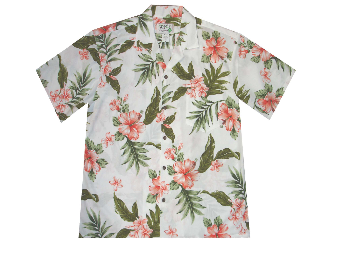 Cotton Hawaiian Shirt Coral Hibiscus-White Coral