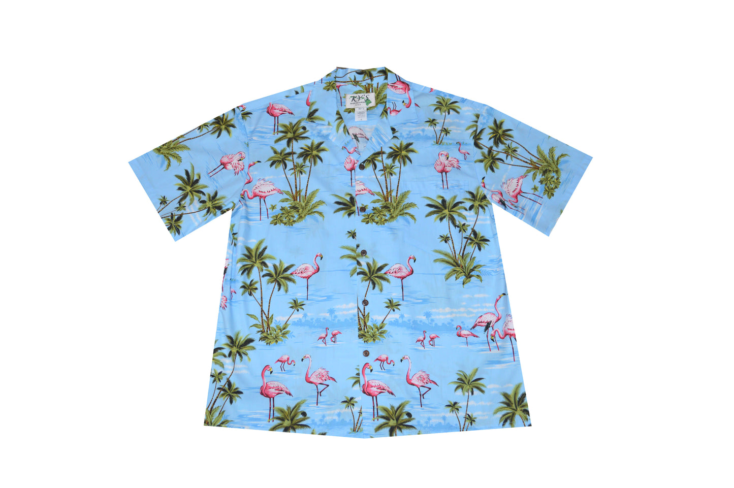Cotton Hawaiian Shirt Pink Flamingo -Blue