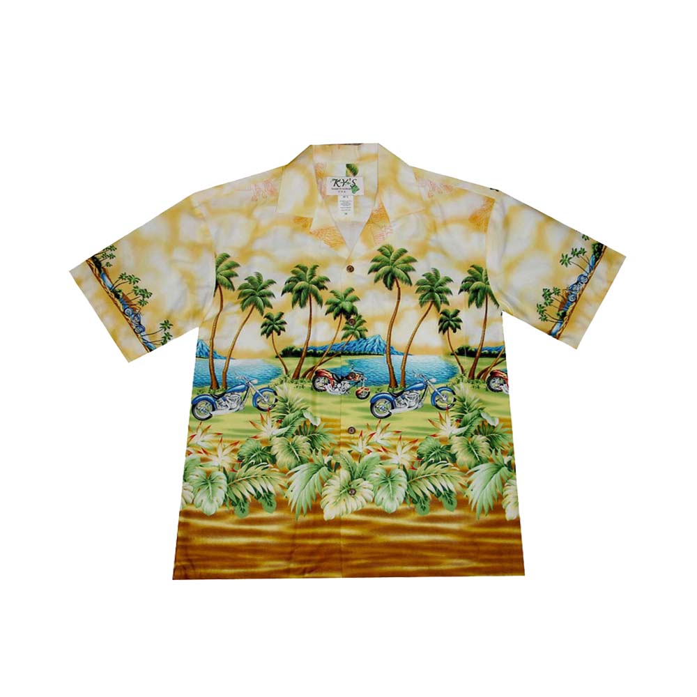 Ky's Hawaiian Cotton Shirt Hawaii Eagle Motorcycle -Yellow