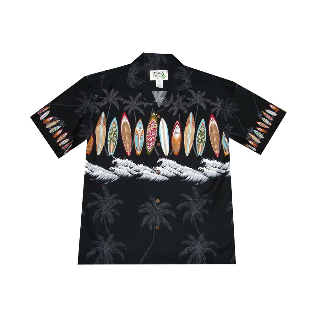 Ky's Hawaiian Cotton Shirt Waikiki Surfboard -Black