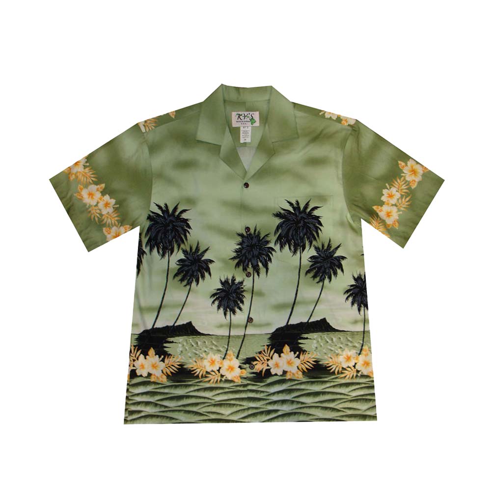 Ky's Hawaiian Cotton Shirt Palm Tree Silhoutte -Green