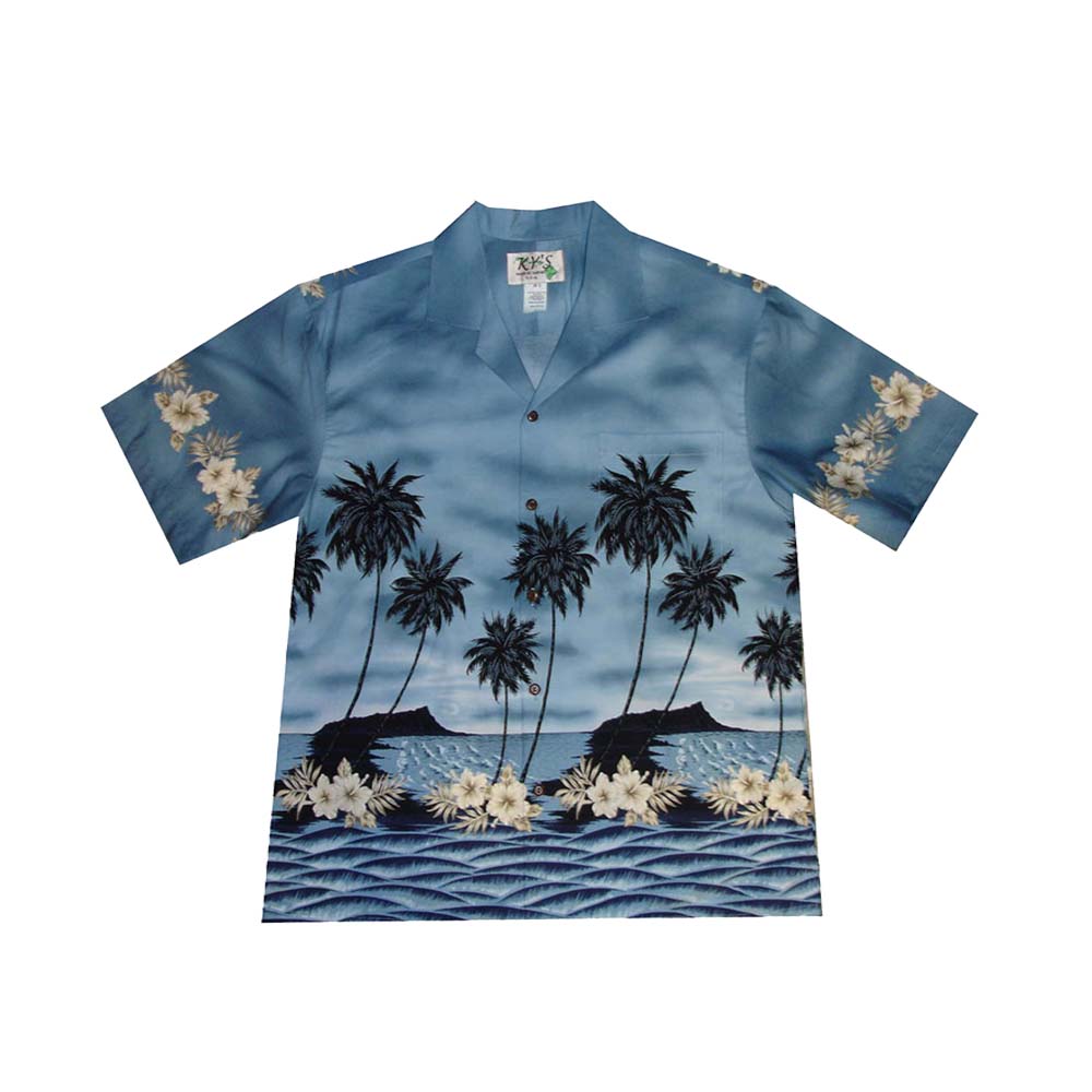 Ky's Hawaiian Cotton Shirt Palm Tree Silhoutte - Gray