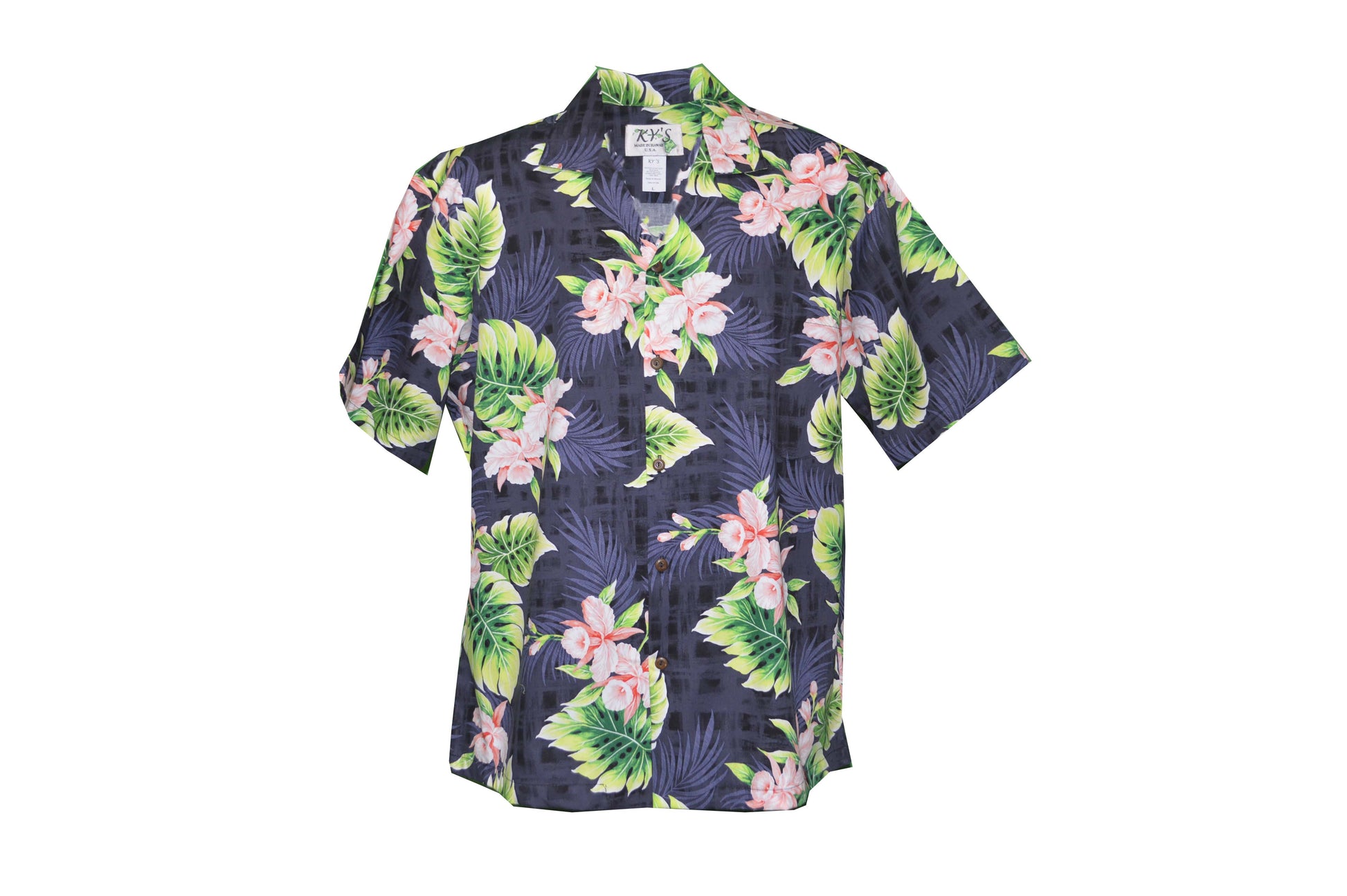 black hawaiian cotton aloha shirt with coral orchid