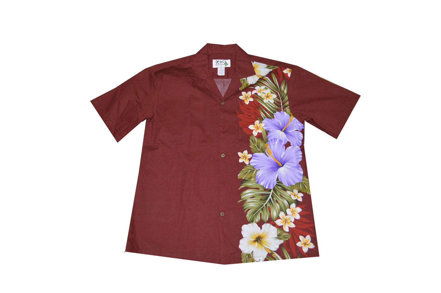 made in Hawaii aloha cotton Hawaiian shirt with purple hibiscus side flower 