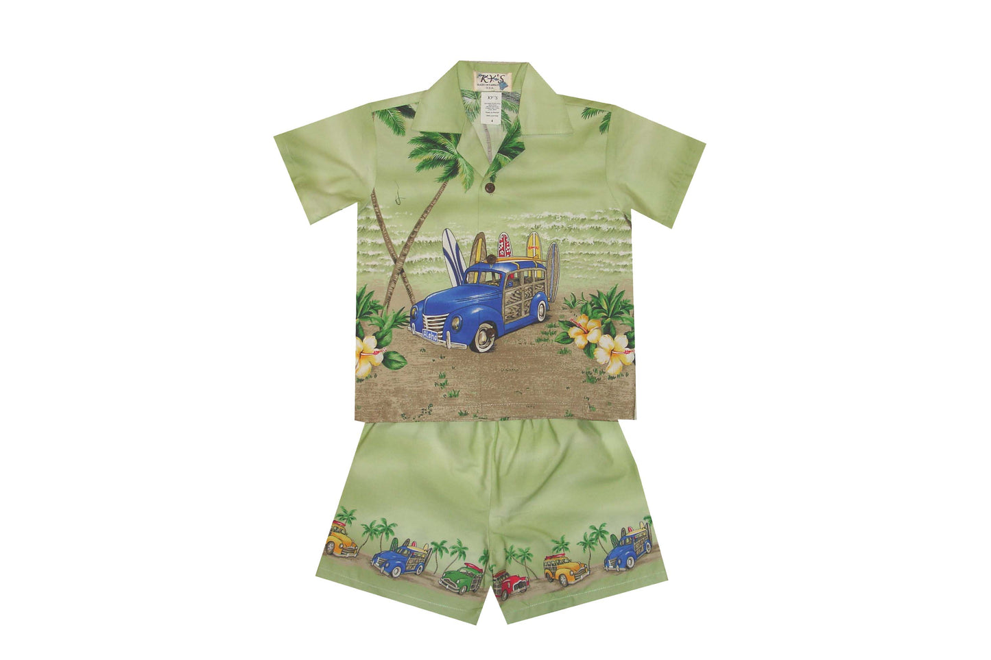 Woody Car Beach Hawaiian Boy Shirt -Green