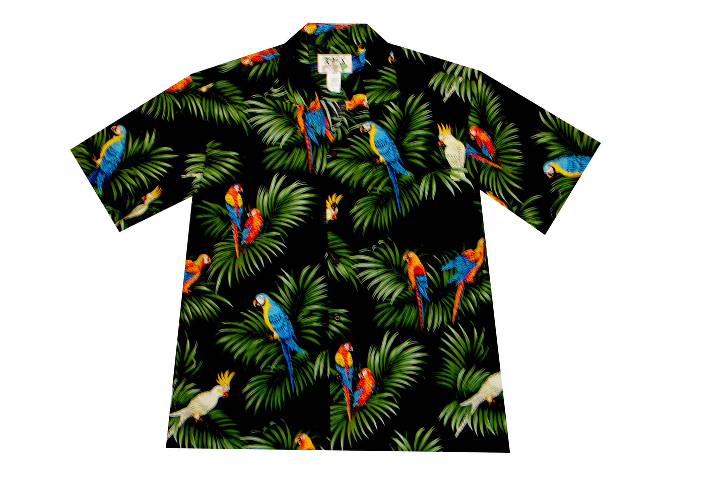 Cotton Hawaiian Shirt Parrot Palm Leaf -Black