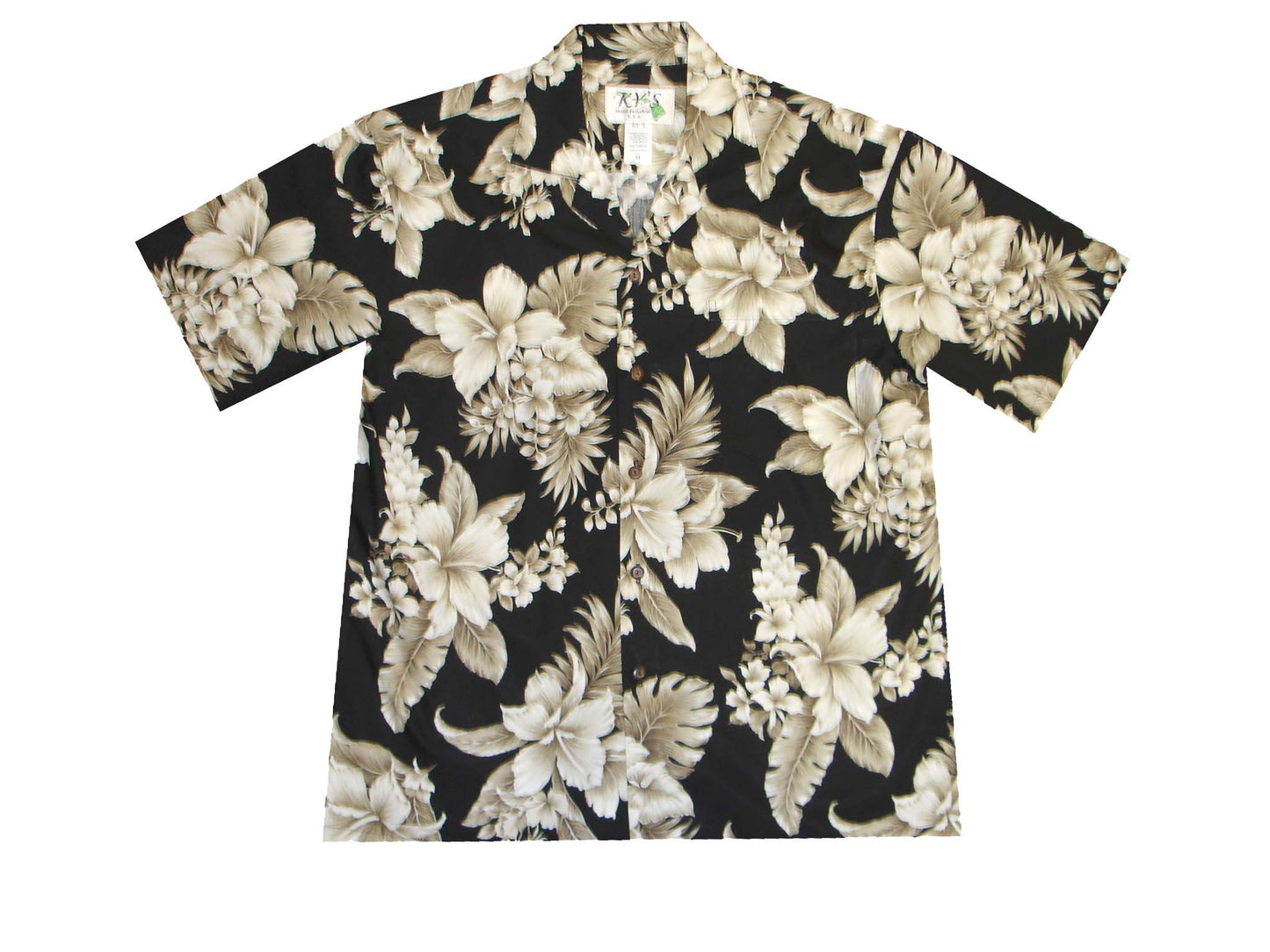 Cotton Hawaiian Shirt Tropical Flowers -Black