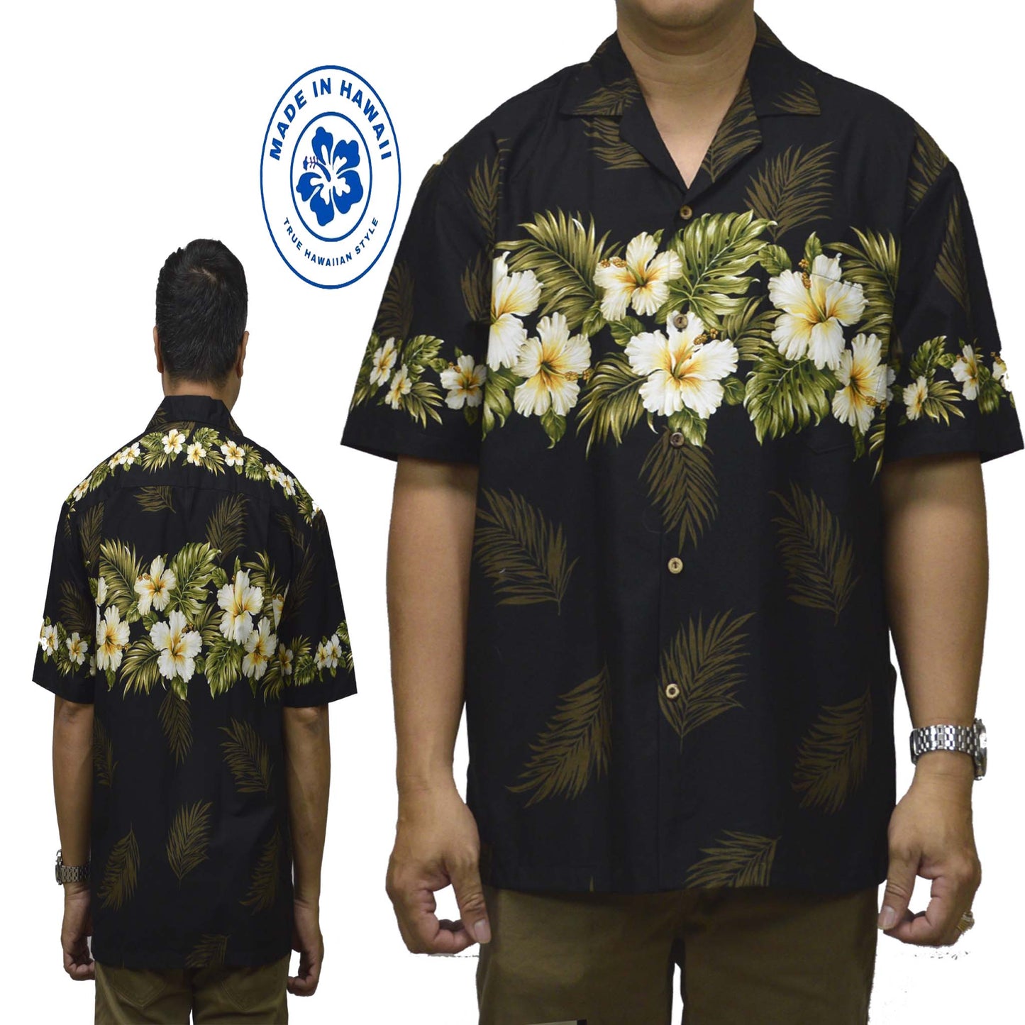 Ky's Hawaiian Cotton Shirt Original Hibiscus - Black