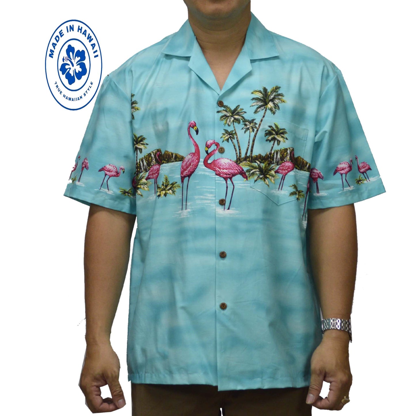 Ky's Hawaiian Cotton Shirt Pink Flamingo-Green