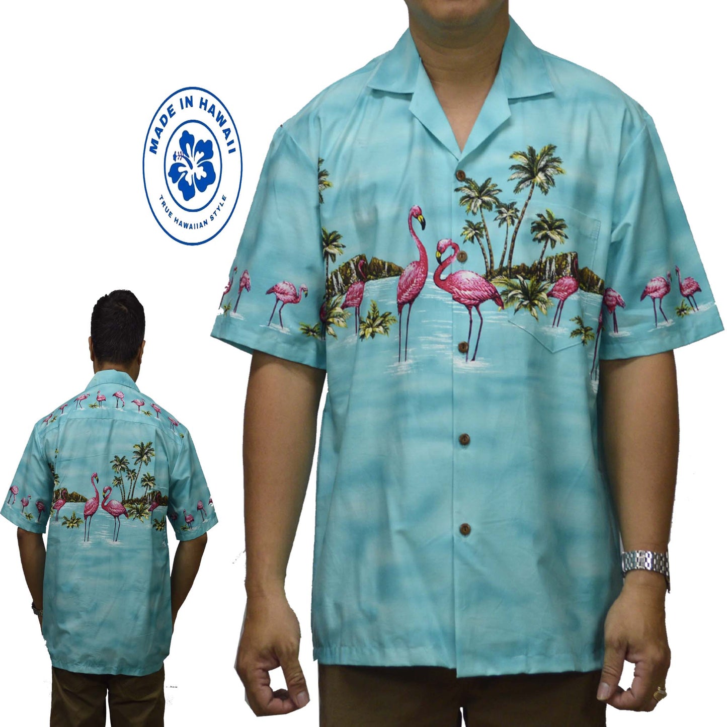 Ky's Hawaiian Cotton Shirt Pink Flamingo-Green