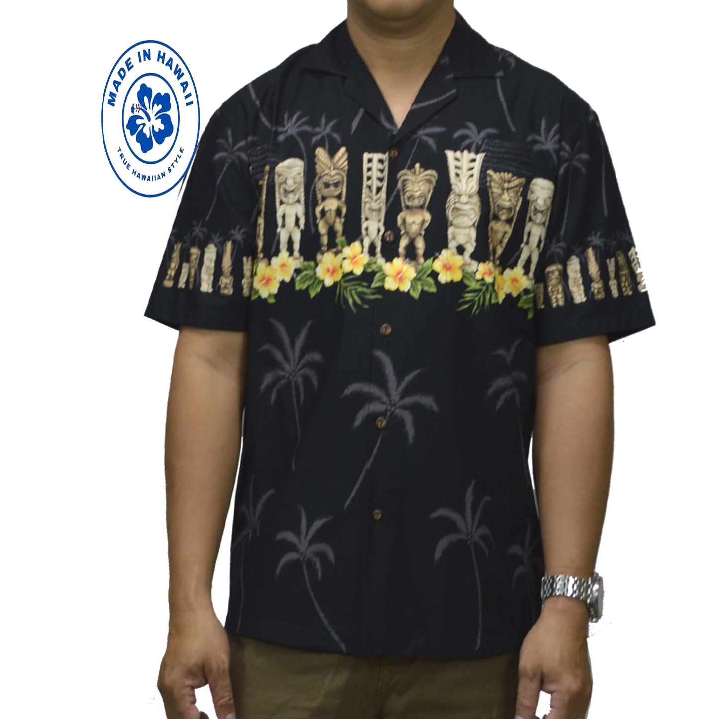 Ky's Hawaiian Cotton Shirt Lucky Tiki-Black