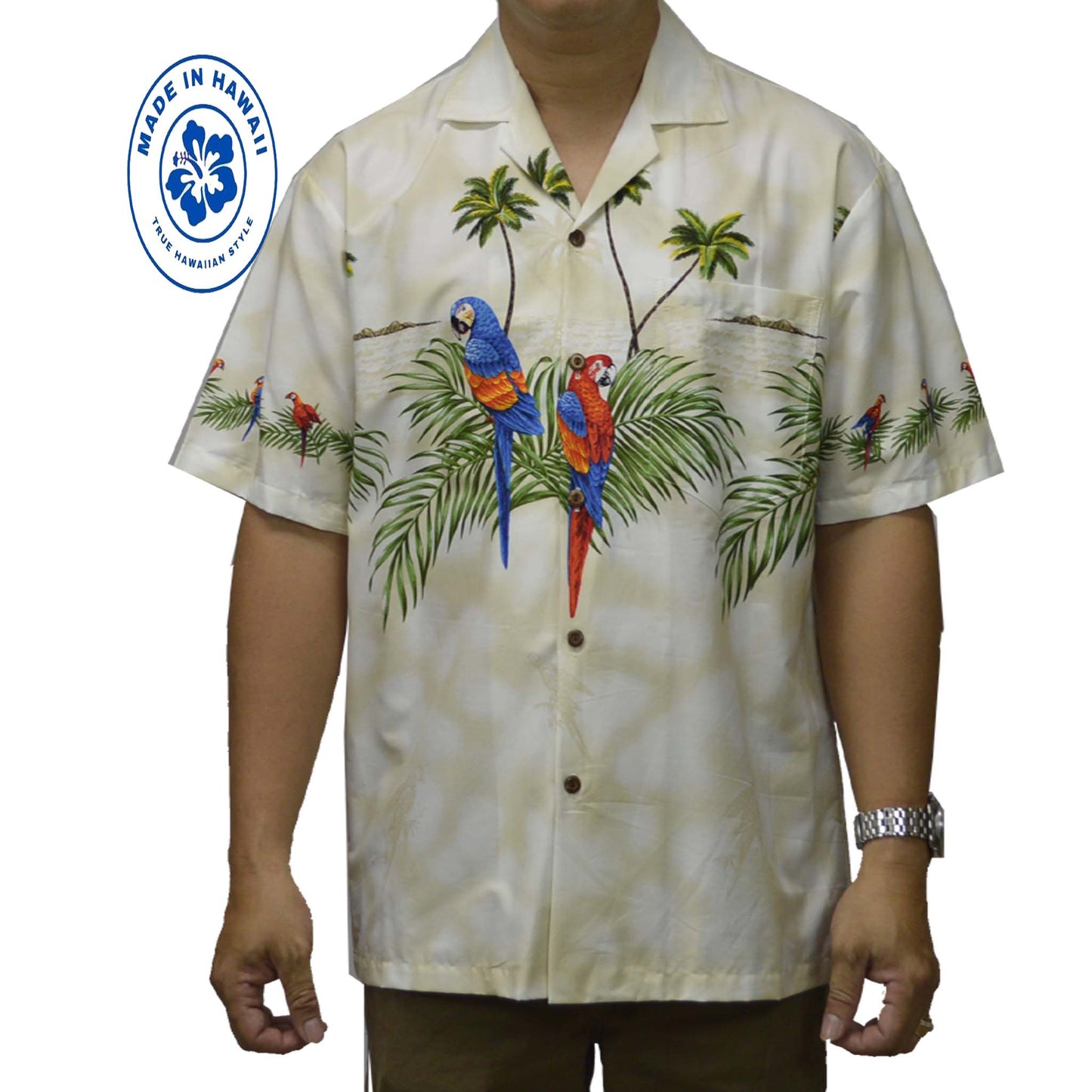 Ky's Hawaiian Cotton Shirt Island Parrot-White