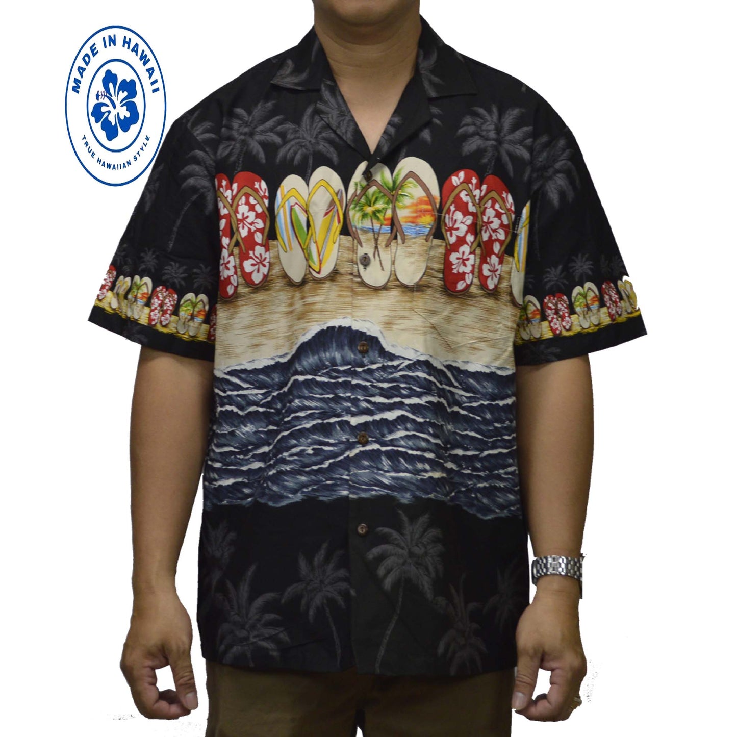 Ky's Hawaiian Cotton Shirt Hawaii Slipper-Black