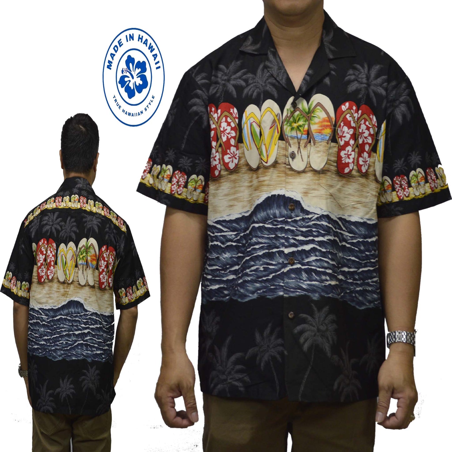 Ky's Hawaiian Cotton Shirt Hawaii Slipper-Black