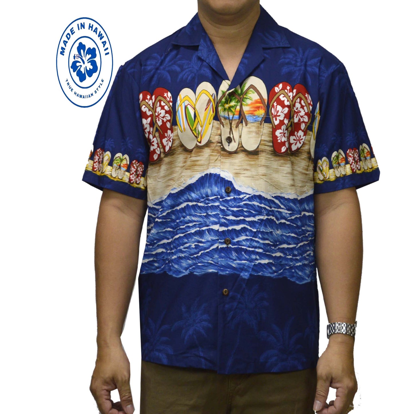 Ky's Hawaiian Cotton Shirt Hawaii Slipper-Navy