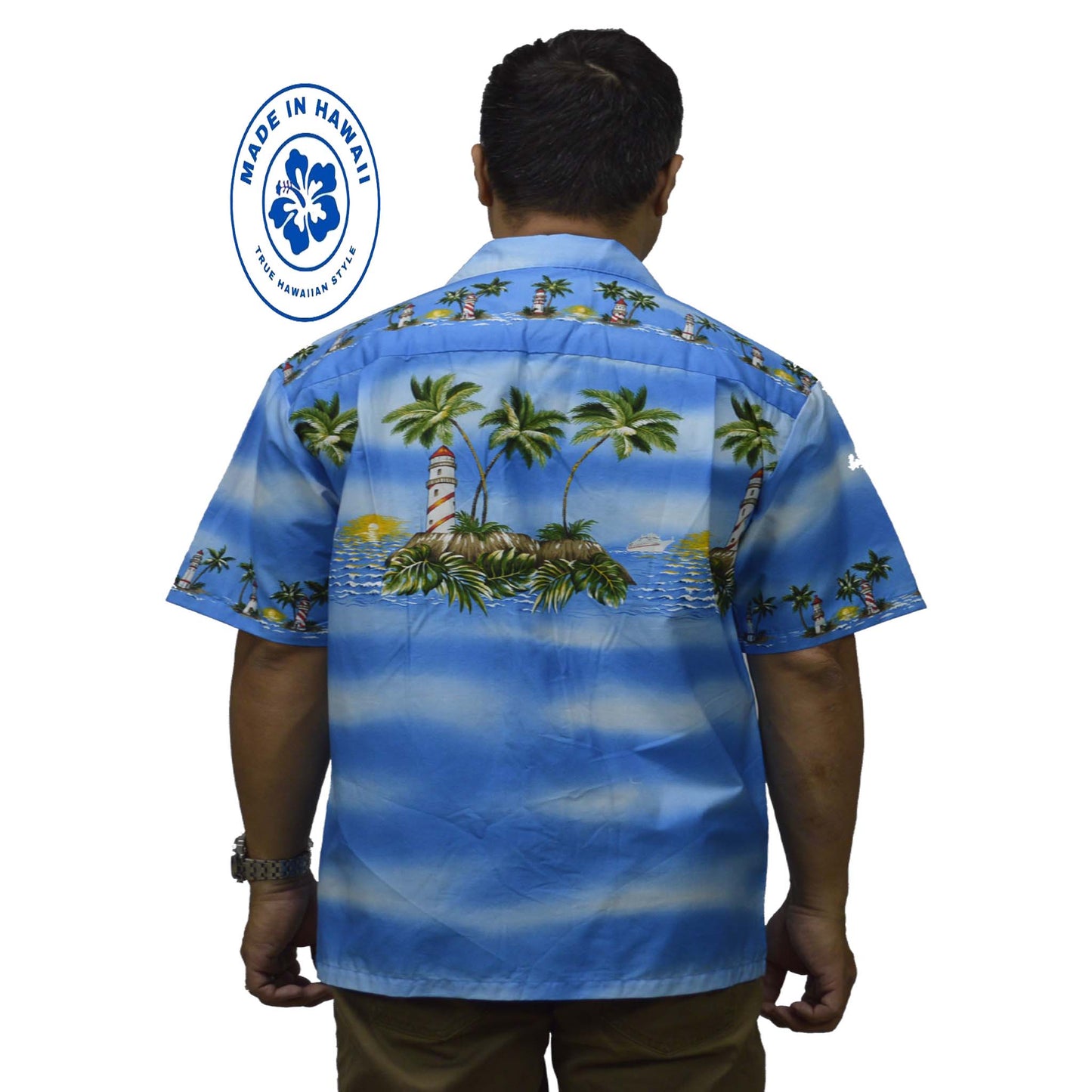 Cotton Hawaiian Shirt Light House Oahu - Blue