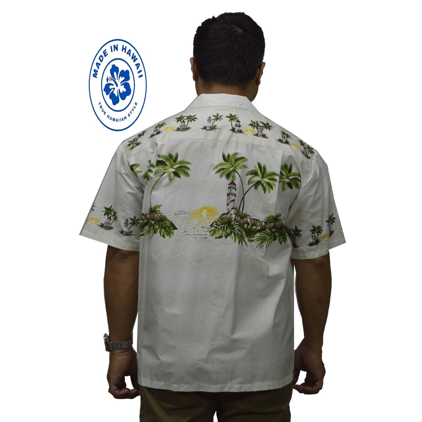 Cotton Hawaiian Shirt Light House Oahu-White
