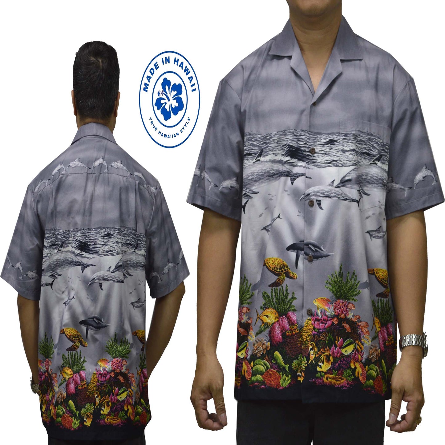 Ky's Hawaiian Cotton Shirt Whale Oceanic Life-Gray