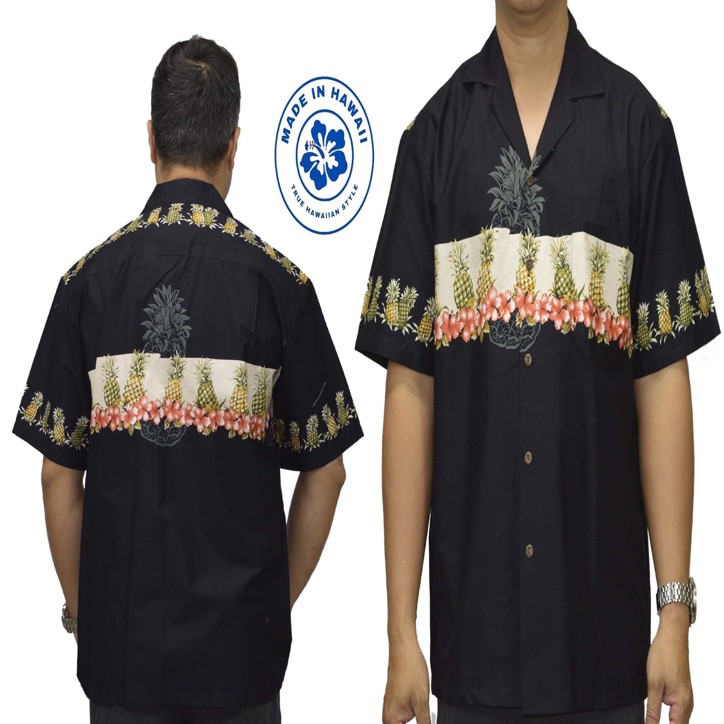 Cotton Hawaiian Shirt Pineapple-Black