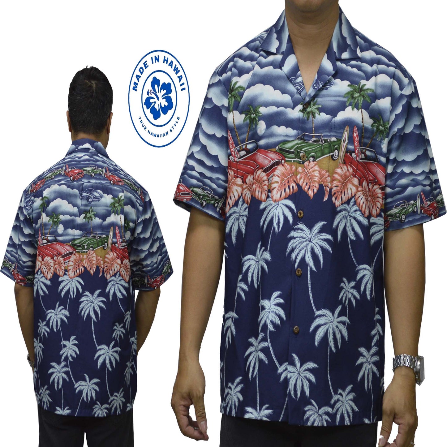 Ky's Cotton Hawaiian Shirt Muscle Car - Navy