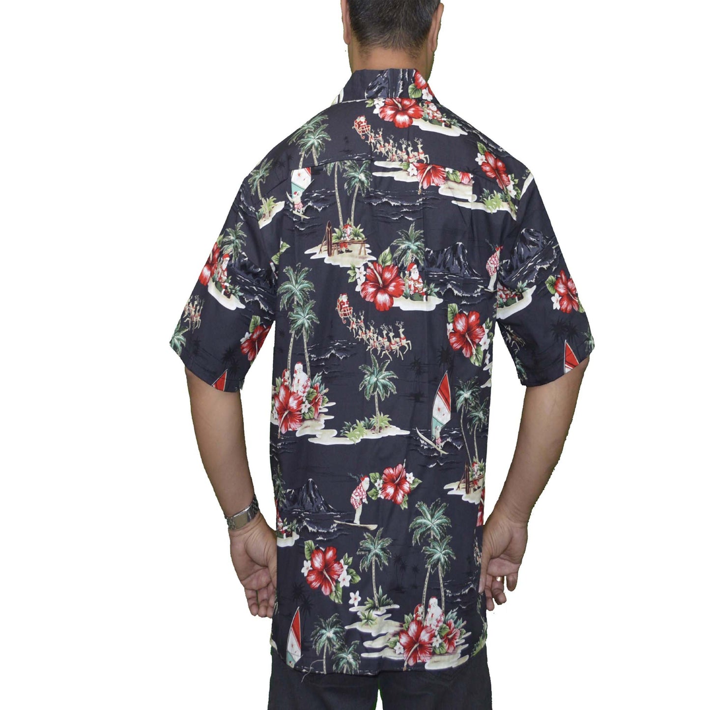 black hawaiian cotton aloha shirt with christmas scene theme