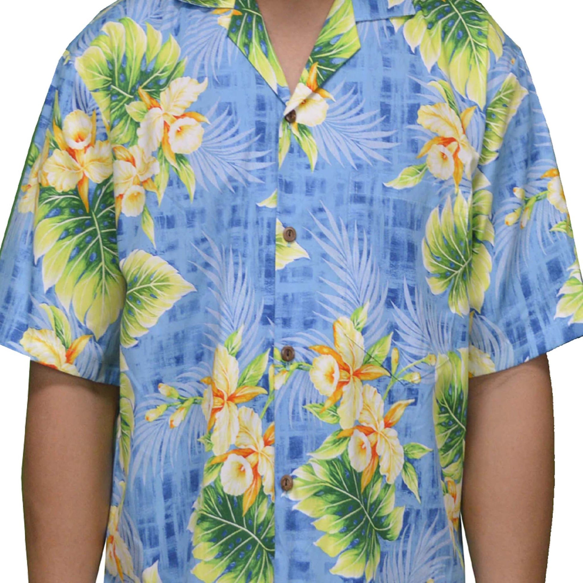 authentic hawaiian cotton aloha shirt with yellow orchid