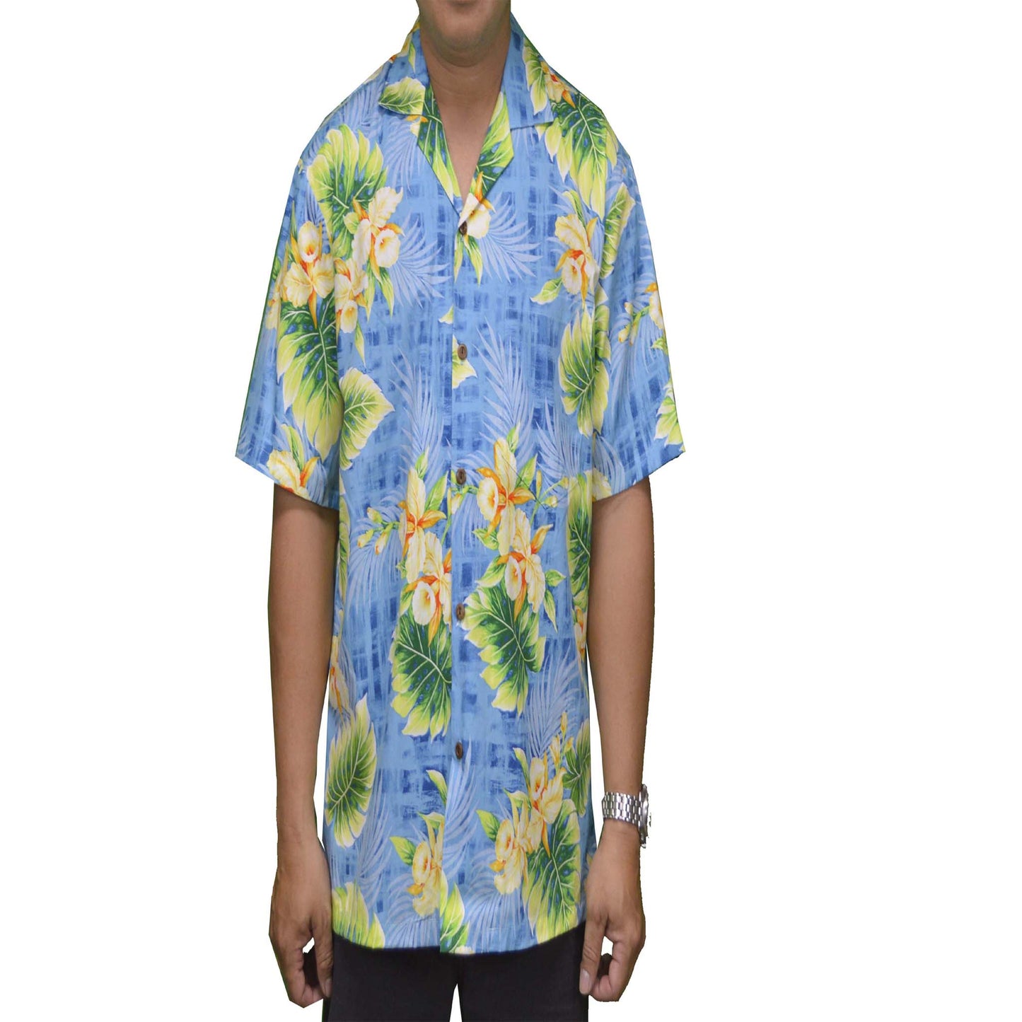 authentic hawaiian cotton aloha shirt with yellow orchid