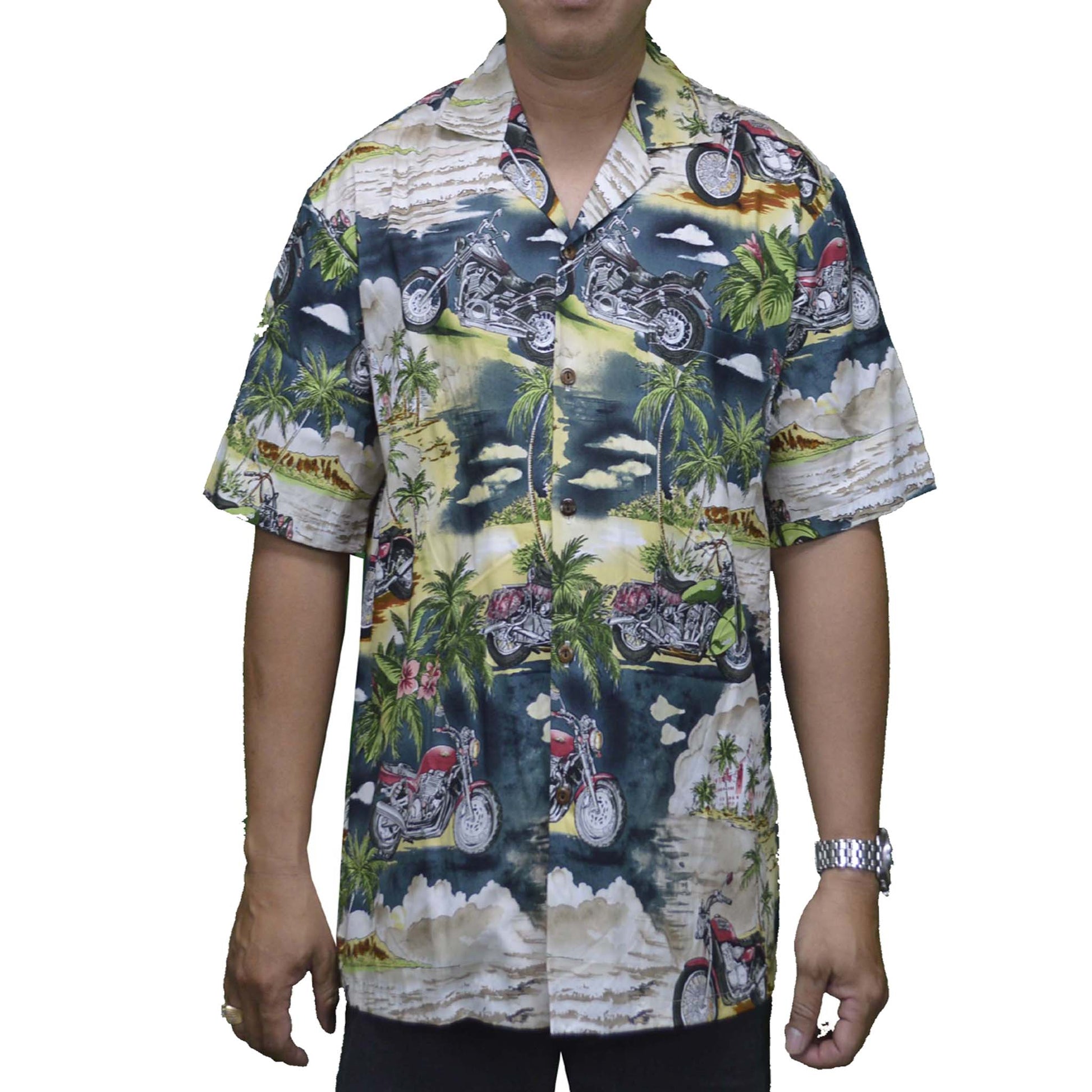 blue hawaiian cotton aloha shirt with motorcycle scene theme