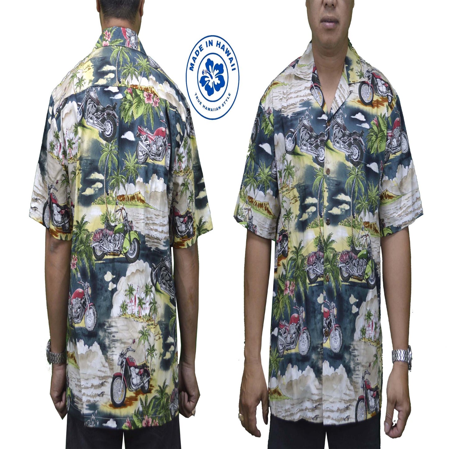 blue hawaiian cotton aloha shirt with motorcycle scene theme
