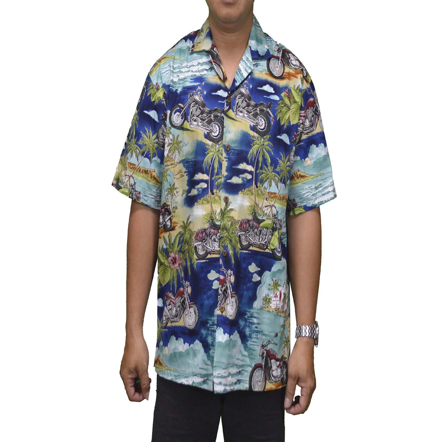 authentic hawaiian cotton shirt from honolulu with motorcycle scene