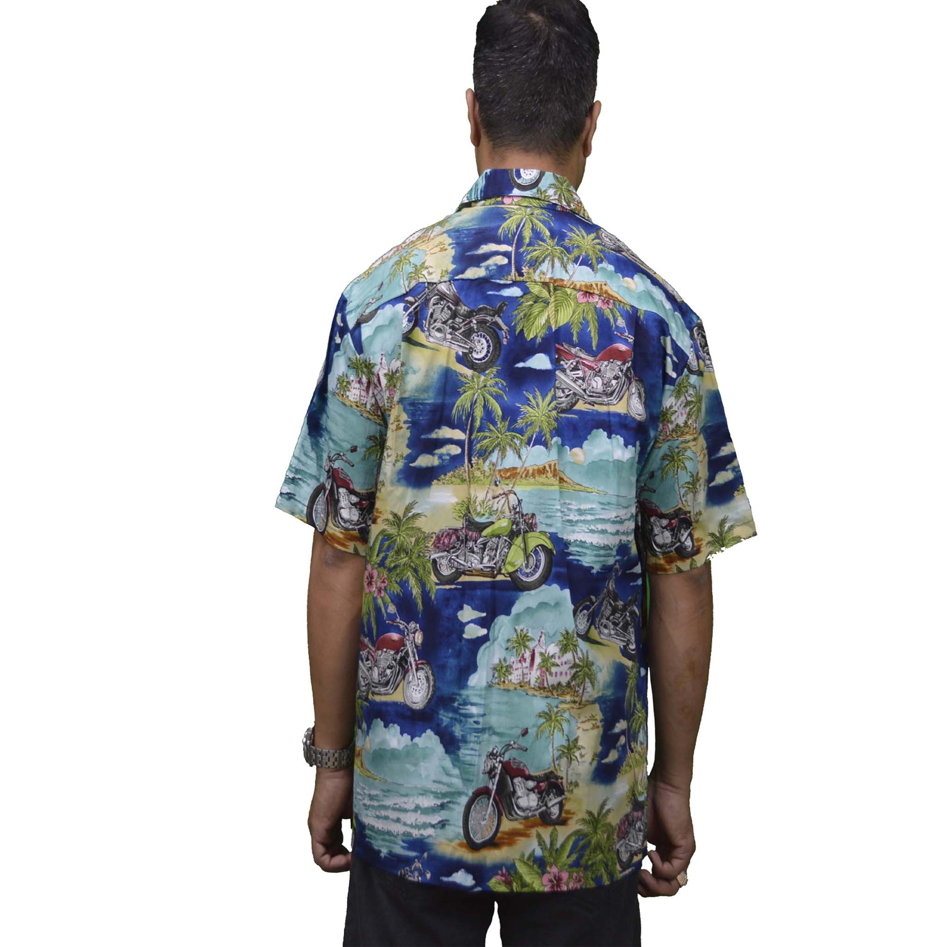 authentic hawaiian cotton shirt with motorcycle scene