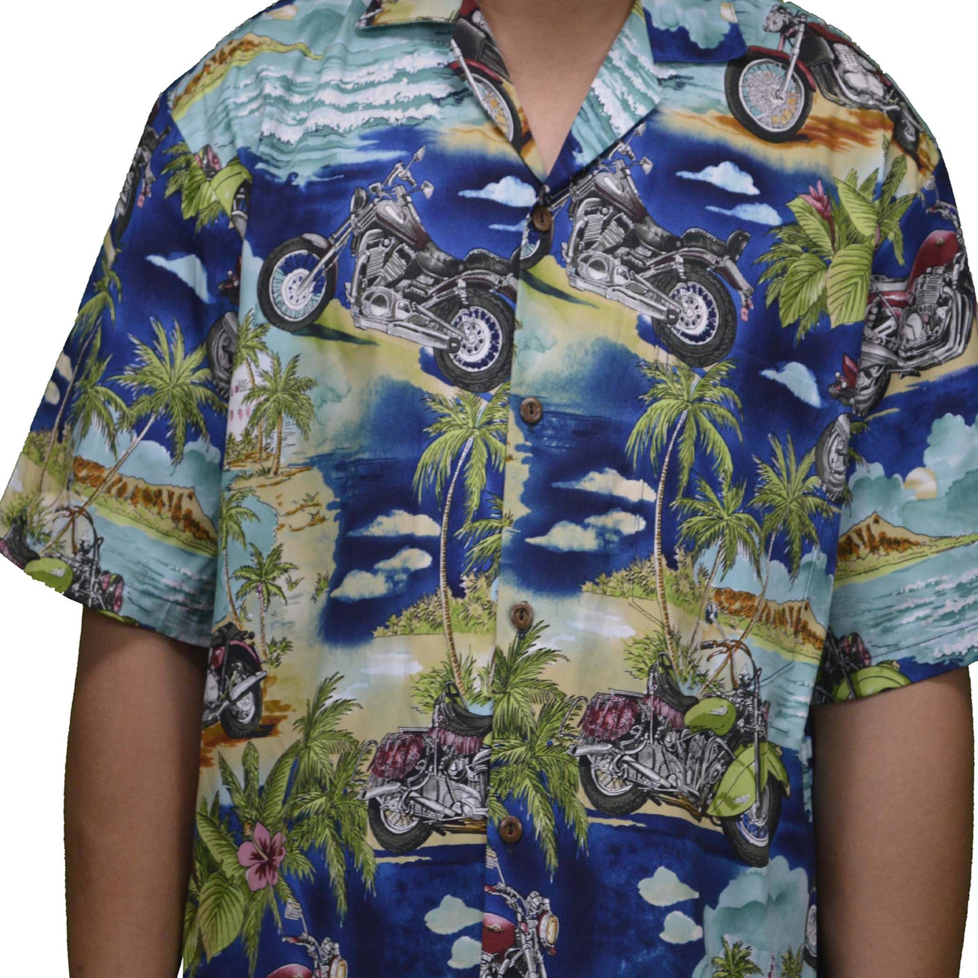 authentic hawaiian shirt from honolulu with motorcycle scene
