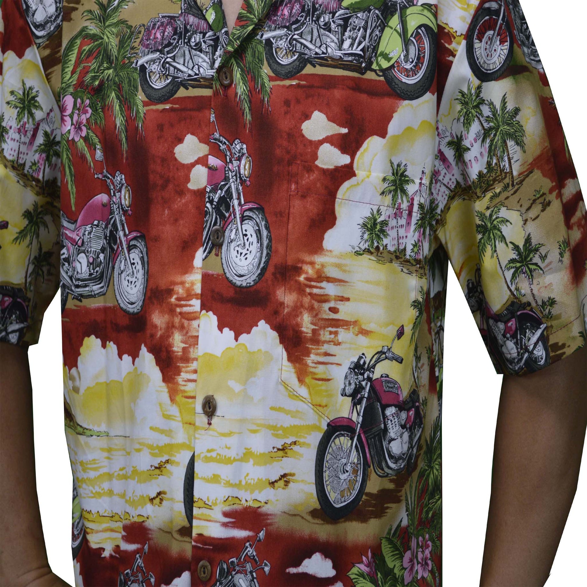 red hawaiian cotton shirt with motorcycle scene