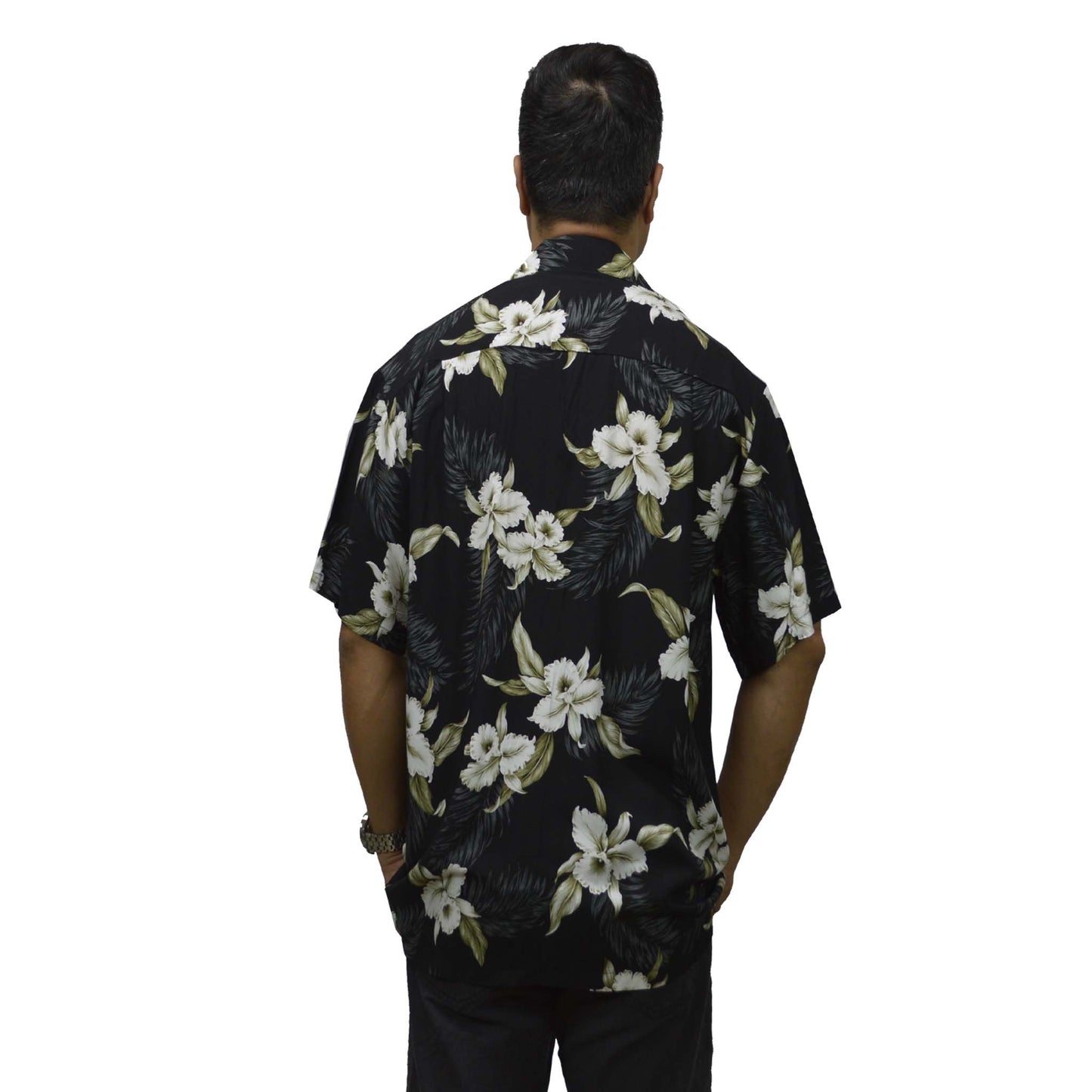 Locally made in Hawaii: Rayon Hawaiian Shirt Hilo Orchid -Black