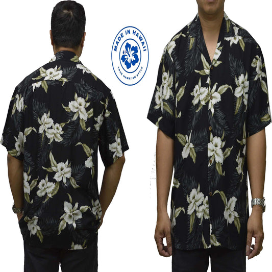 Locally made in Hawaii: Rayon Hawaiian Shirt Hilo Orchid -Black