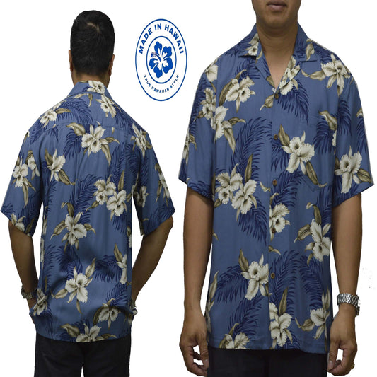 Locally made in Hawaii: Rayon Hawaiian Shirt Hilo Orchid -Blue