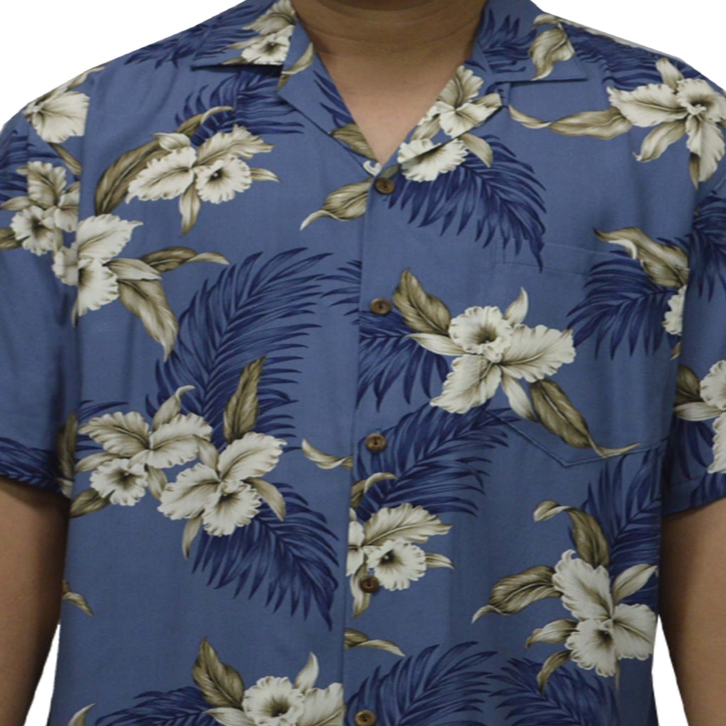 Locally made in Hawaii: Rayon Hawaiian Shirt Hilo Orchid -Blue