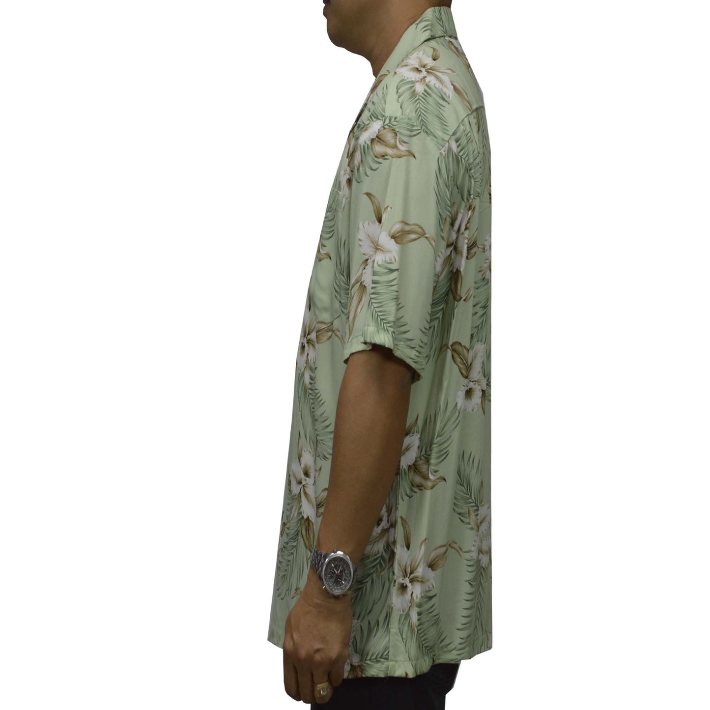 Locally made in Hawaii: Rayon Hawaiian Shirt Hilo Orchid -Green