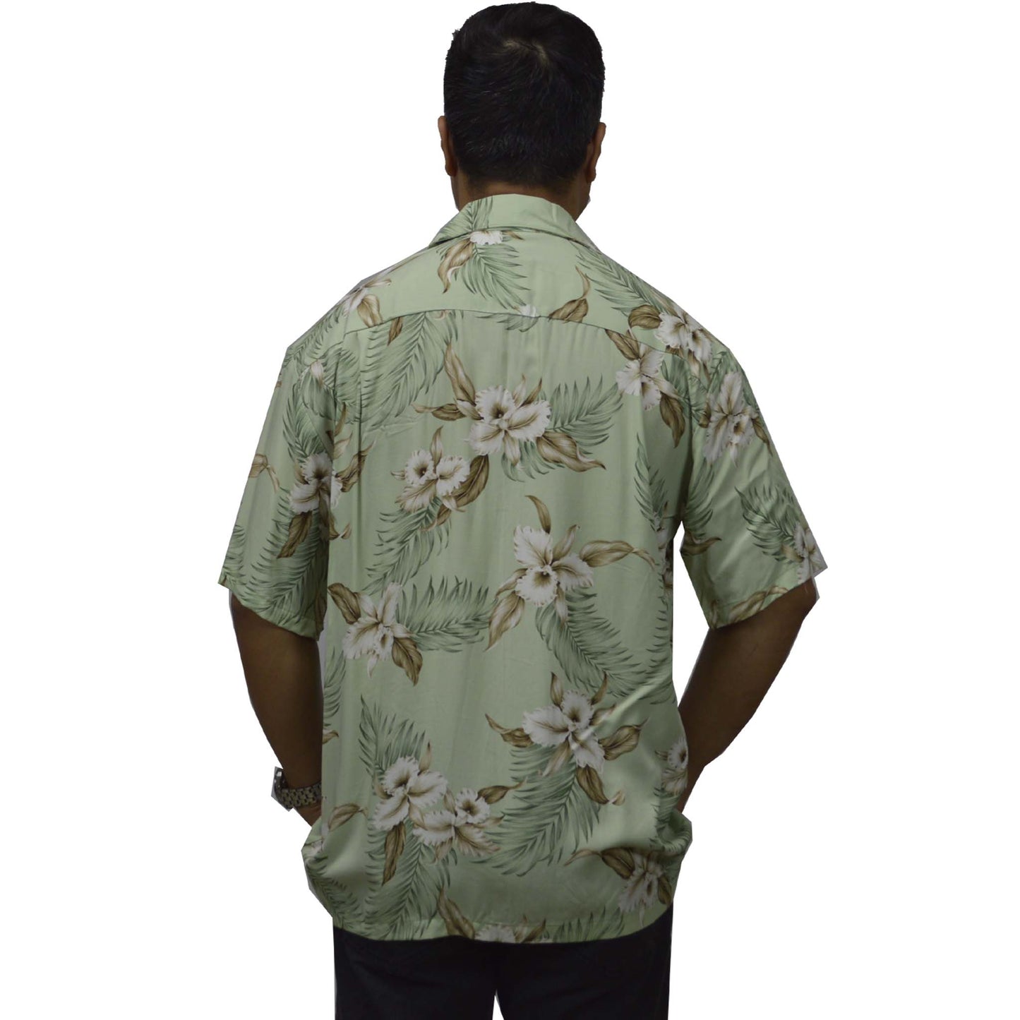 Locally made in Hawaii: Rayon Hawaiian Shirt Hilo Orchid -Green