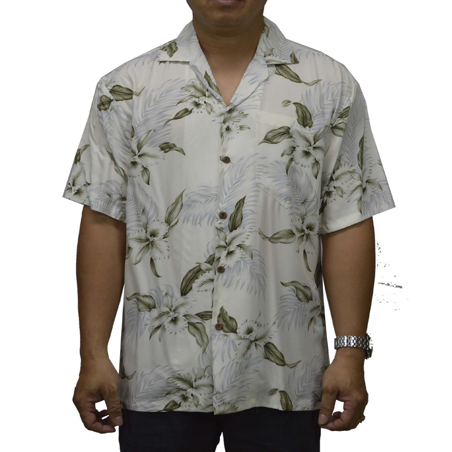 Locally made in Hawaii: Rayon Hawaiian Shirt Hilo Orchid -White
